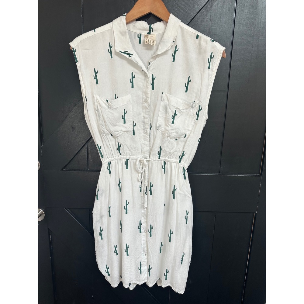 Japna White Cactus Print Sleeveless Button Front Shirt Dress Size S Boho Western